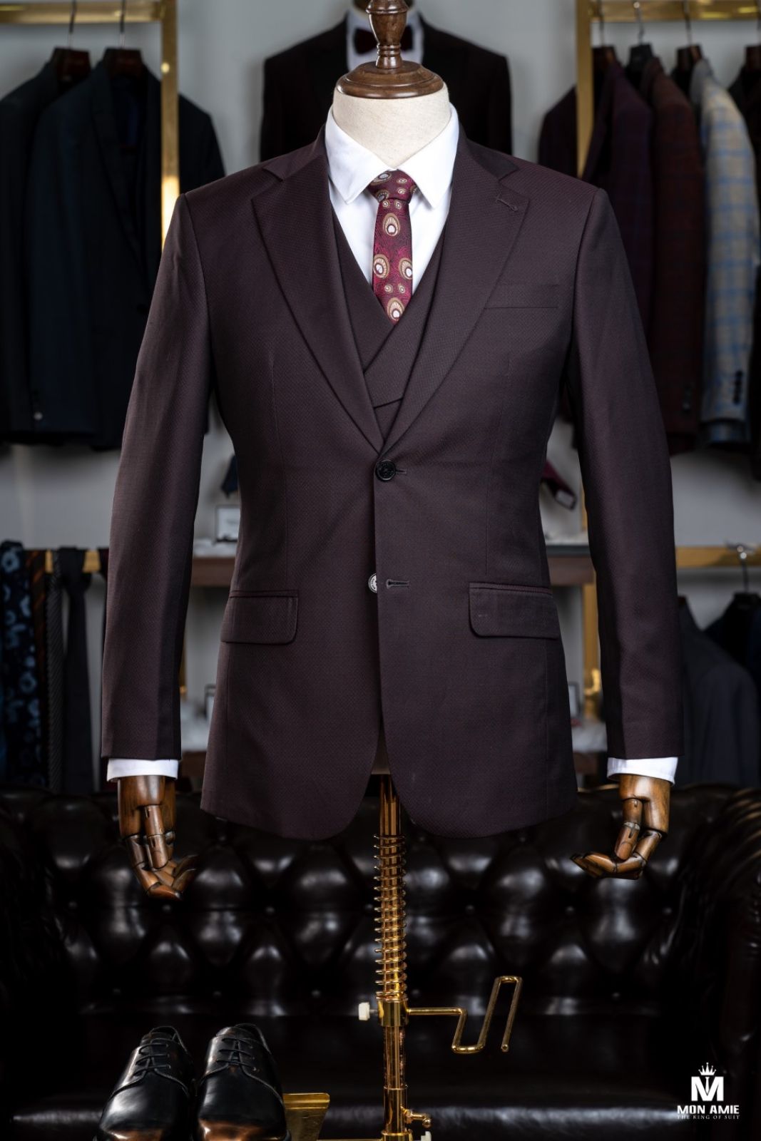 3 Pieces Herringbone Raisin Suit  